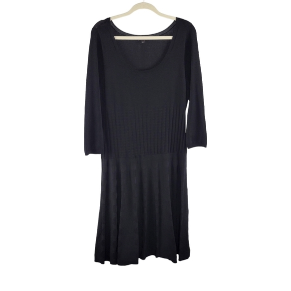 Ann Taylor Black Fit & Flare Knee Length Pleated Skirt Knit Dress Womens Size L - Picture 2 of 9